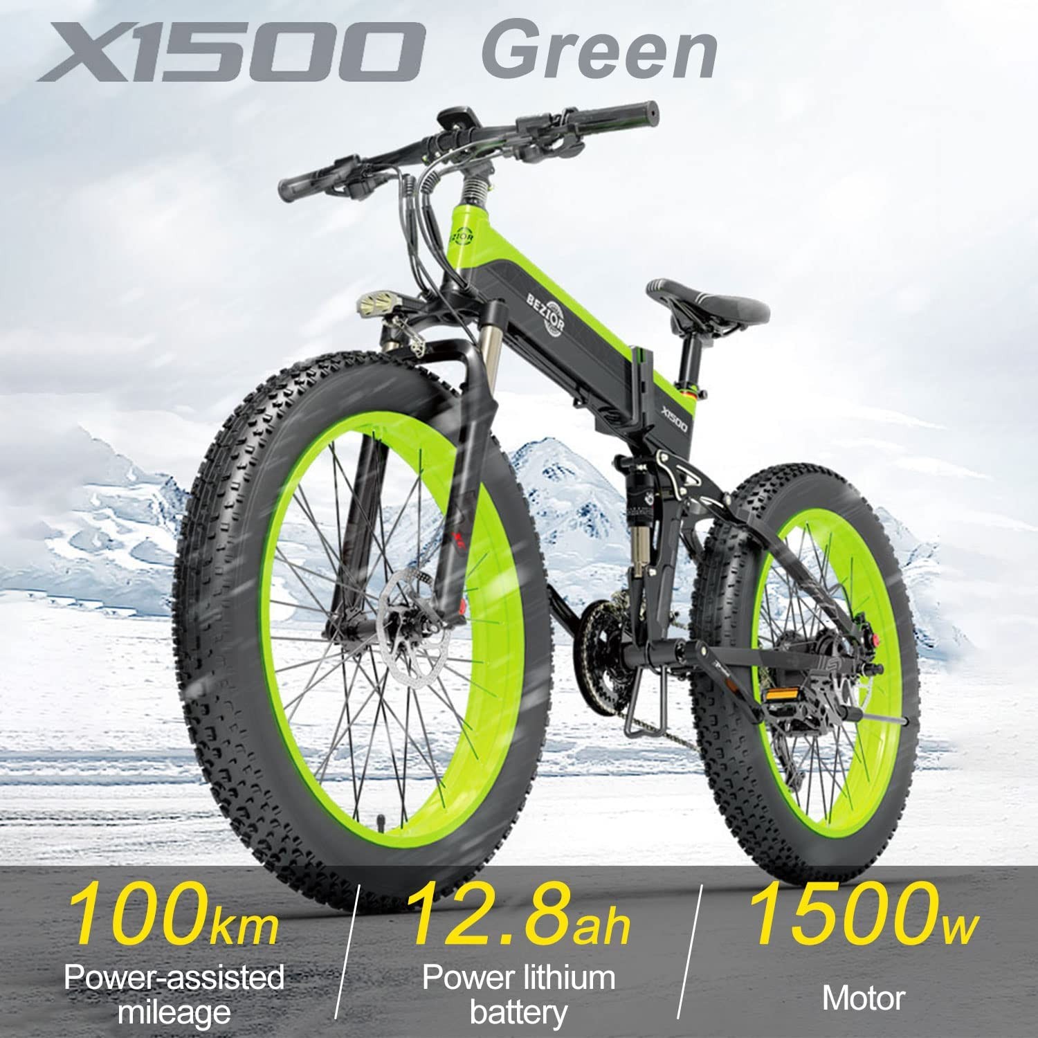Bezior X1500 折りたたみ電動マウンテンバイク、26 x 4.0ファット 