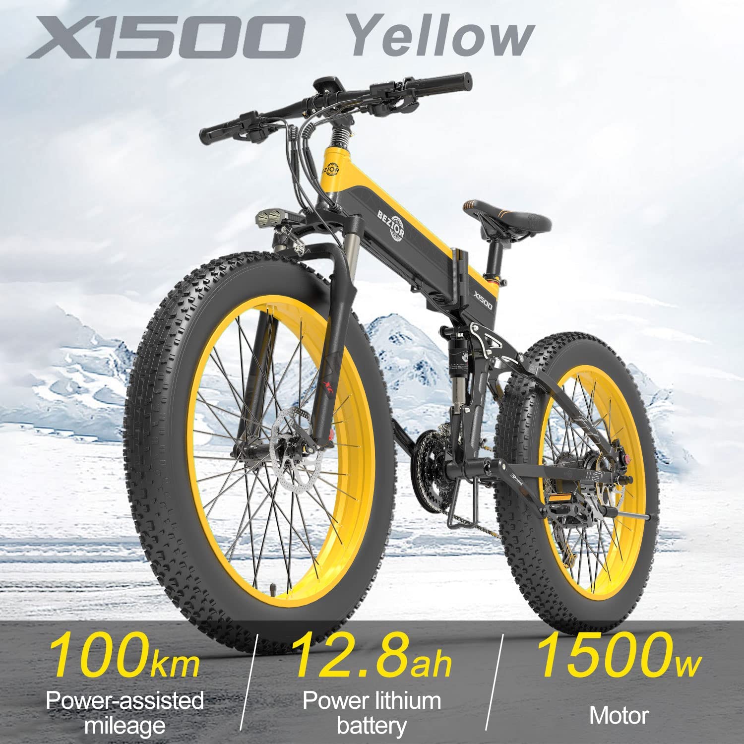 Bezior X1500 Folding Electric Mountain Bike, 26 x 4.0 Fat Tires, 1500W Motor 48V 12.8Ah Removable IP54 Waterproof Battery, Shimano M2000 9-Speed Gear, Max Speed 40km/h, 100KM Mileage Max Load 200KG