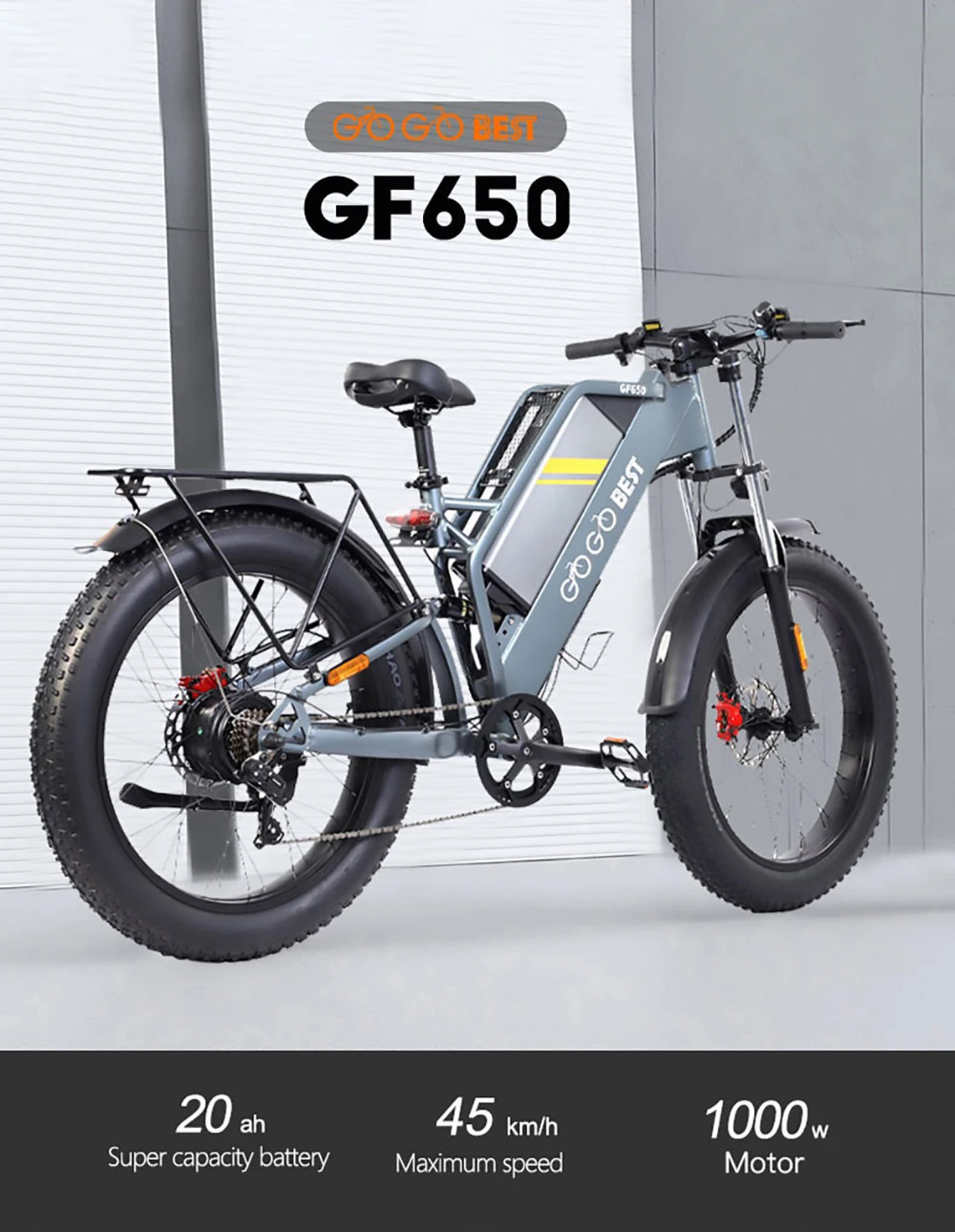 GOGOBEST GF650 Ηλεκτρικό ποδήλατο βουνού 26 * 4.0 ιντσών χοντρά ελαστικά 1000W Κινητήρας 45Km / h μέγιστη ταχύτητα 48V 20Ah Μπαταρία 90-100KM Μέγιστη εμβέλεια Διπλά υδραυλικά δισκόφρενα Shimano 7-τάχυτο