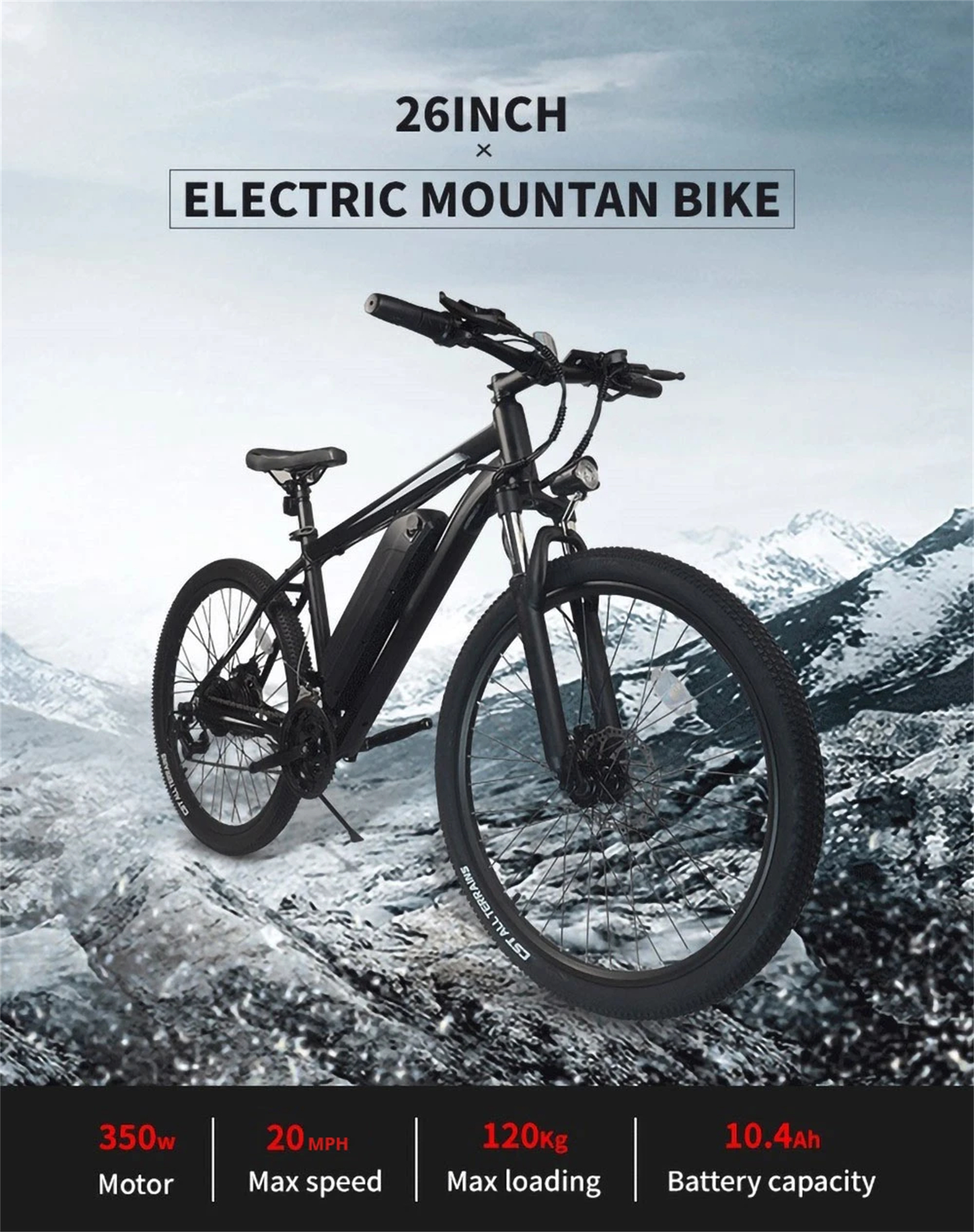 K3 Electric Bike 26*1.95 Inch Tire, 350W Motor 20MPH Max Speed, Dual 36V 10.4Ah Battery, 120kg Load