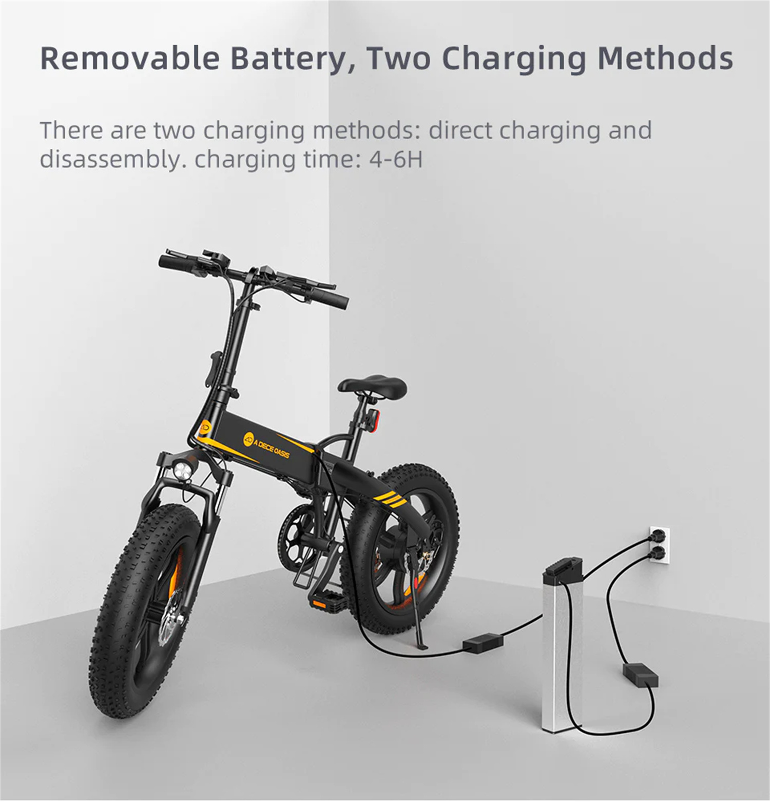 ADO A20F+ Electric Folding Bike 20*4.0 inch 250W Brushless DC Motor SHIMANO 7-Speed Rear Derailleur 36V 10.4Ah Removable Battery 25km/h Max speed Pure power up to 50km Range Aluminum alloy Frame