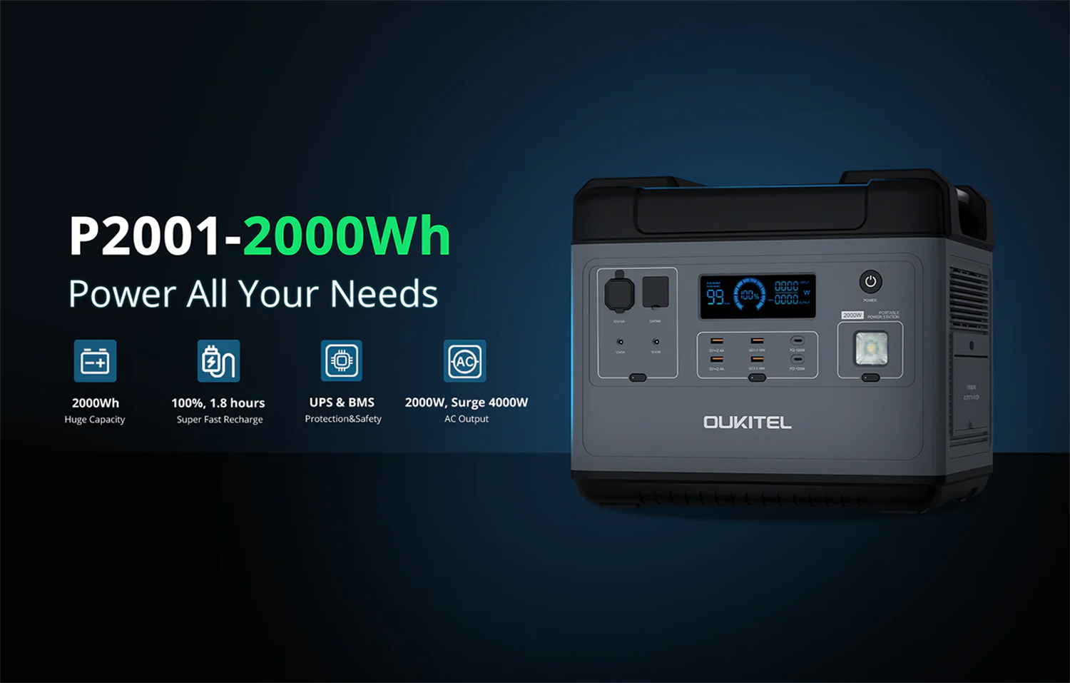 OUKITEL P2001 2000Wh 625000mAh Portable Power Station with 2000W AC Output