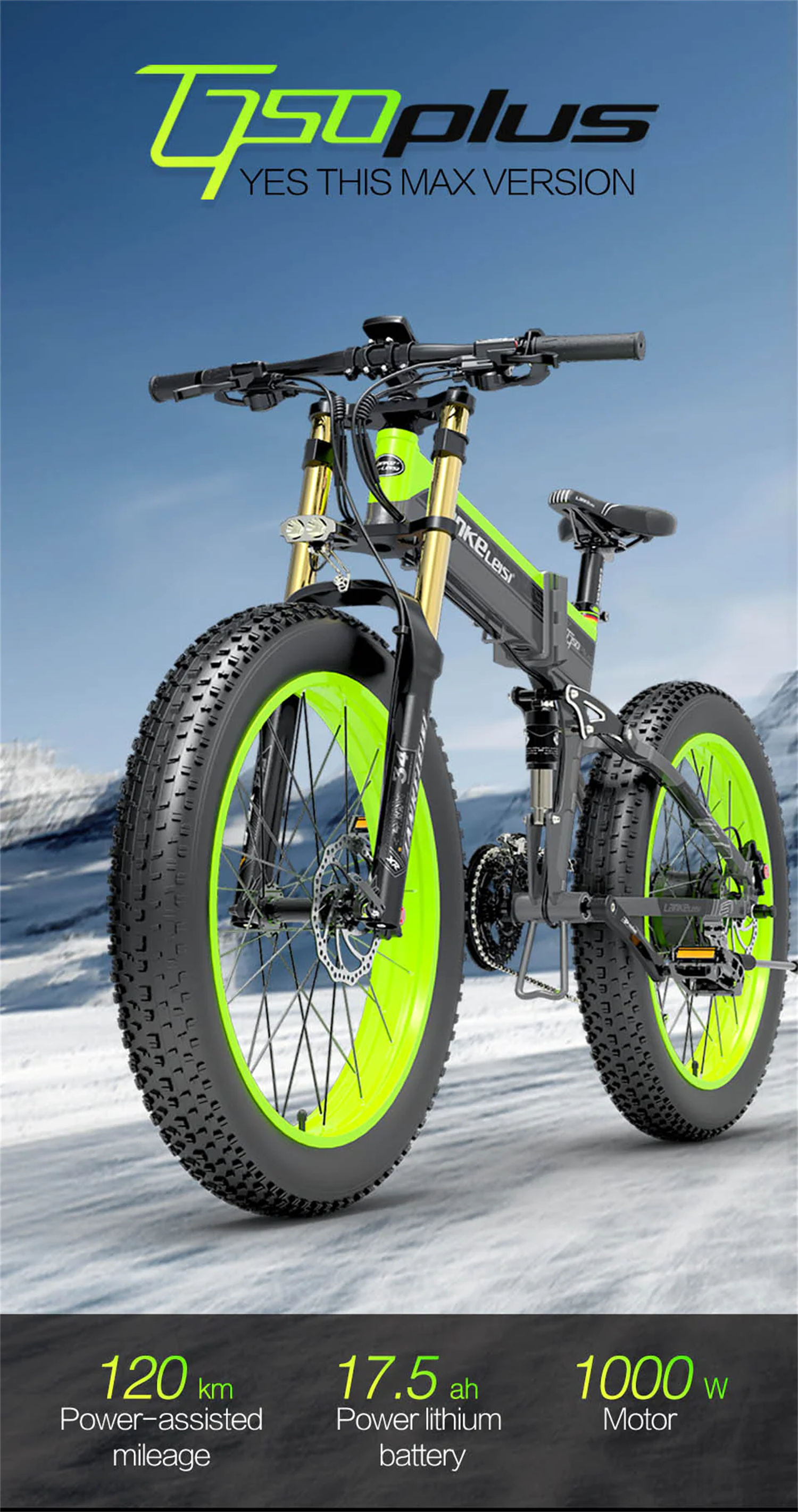 Lankeleisi XT750 Plus 1000W 26 Inch Foldable Electric Fat Bike 25 Mph 75 Miles 17.5Ah with Dual Crown Fork