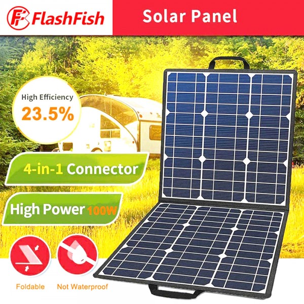 Flashfish SP18V 100W Portable Solar Panel 4-in-1 Connector Double USB Outputs Portable & Foldable Compatible With Most Power Stations For Outdoor Camping Van RV Trip