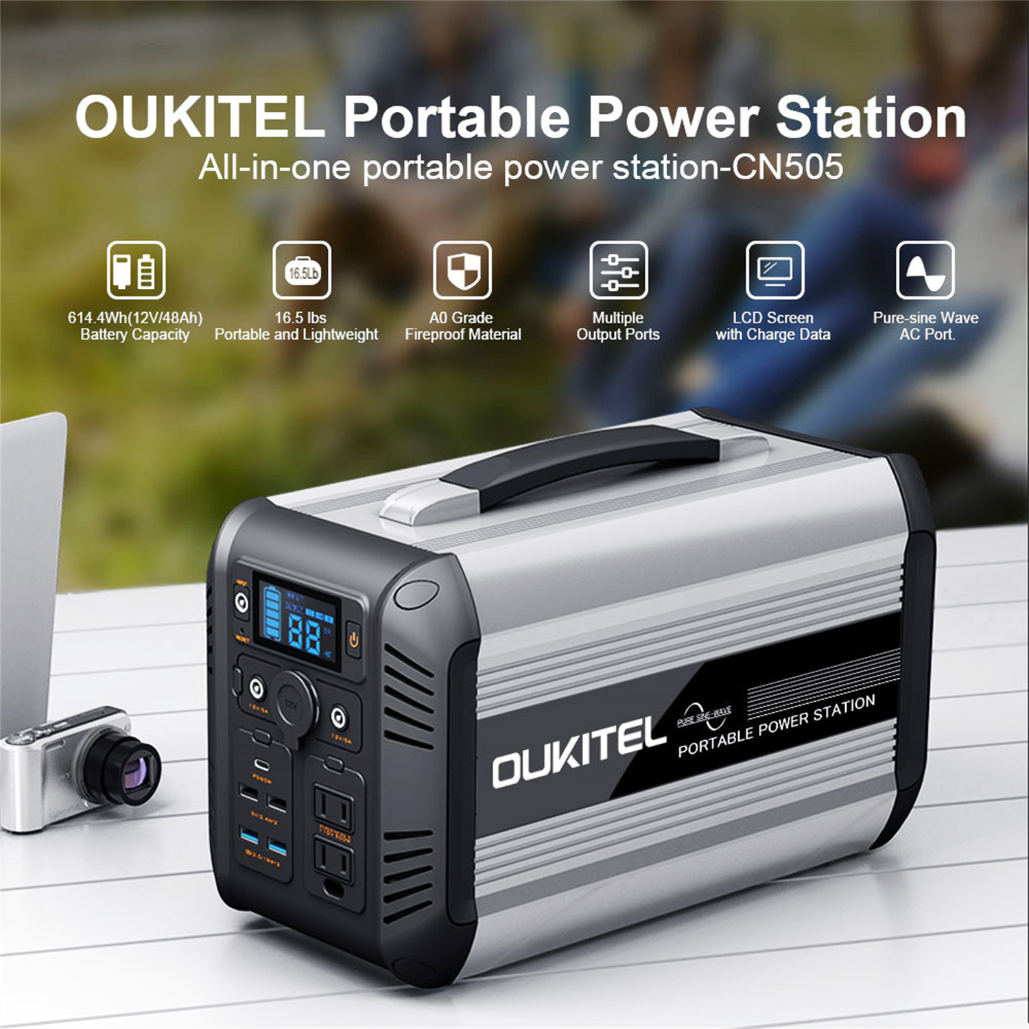 OUKITEL CN505 Portable Power Station 614Wh/500W with Pure Sine Wave and Solar Fast Charging