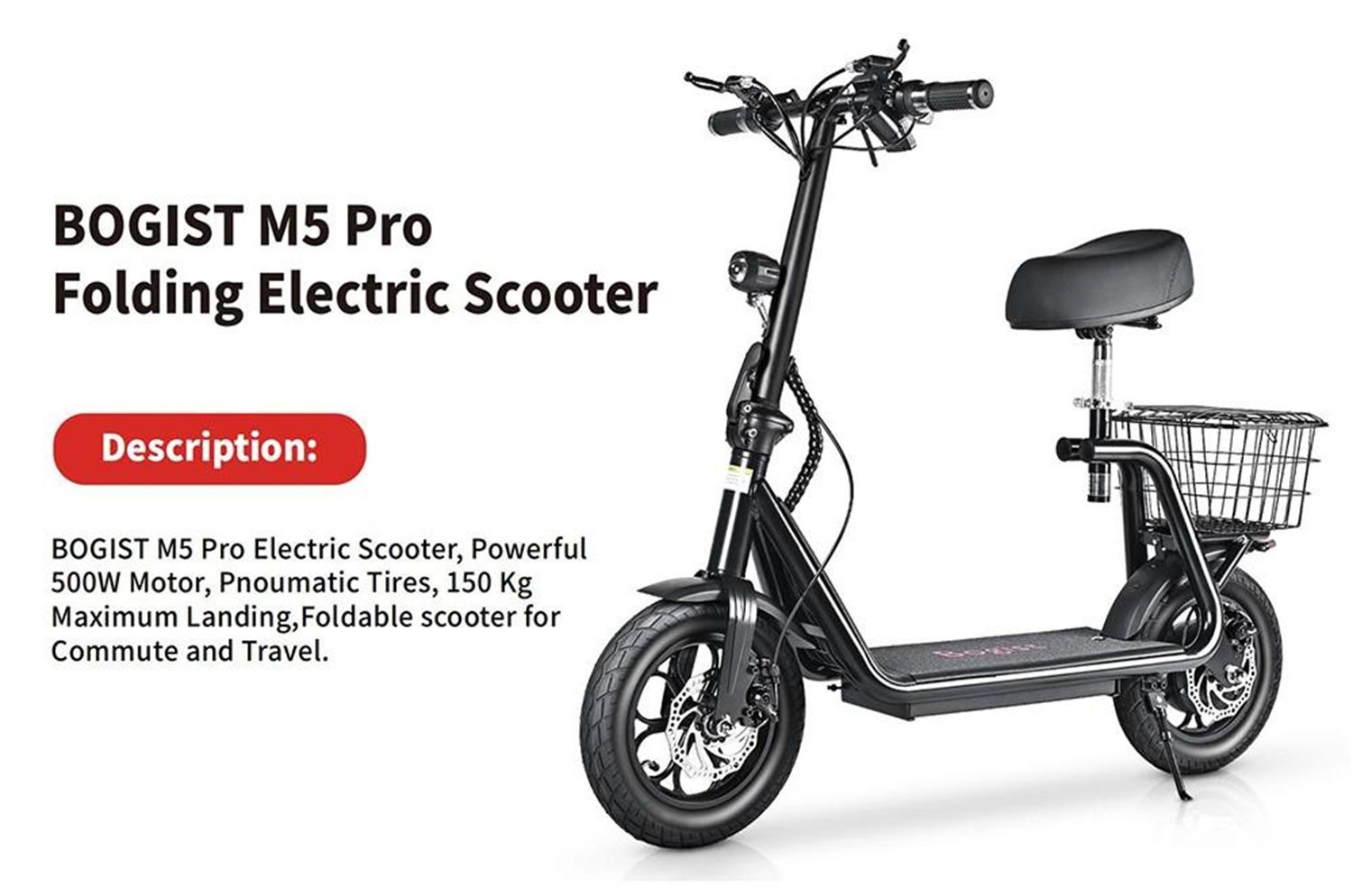 BOGIST M5 Pro Folding Electric Scooter 12 Inch Pneumatic Tire 500W Motor Max Speed 40Km/h 48V 11Ah Battery Smart BMS Disc Brake 30-35KM Long Range with Seat