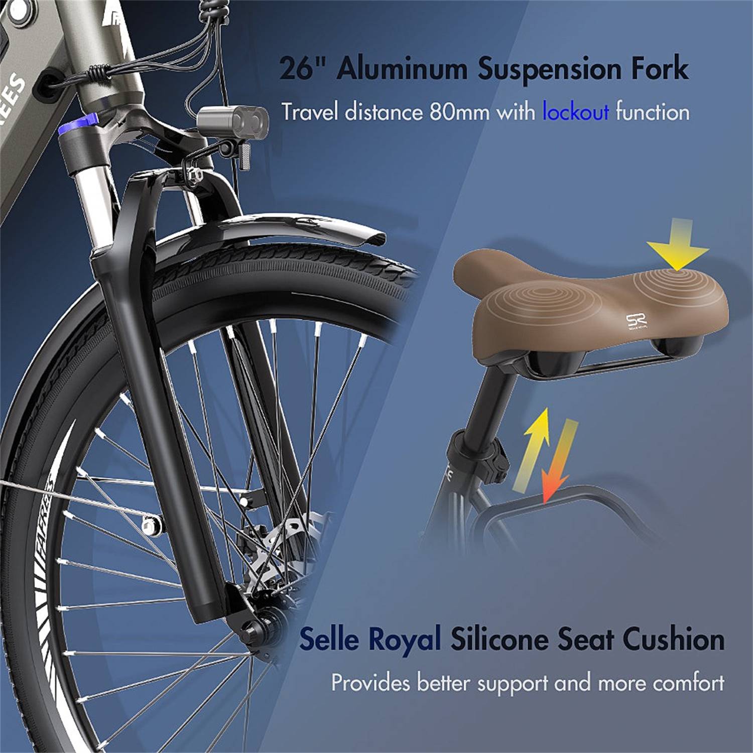 26-inch Front Fork (travel Distance: 80mm) With Lockout Function To Adapt To Various Roads.