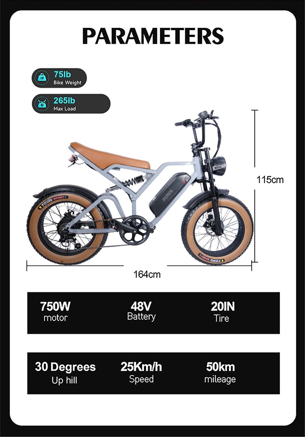 EUENI FXH009 Pro električni bicikl 20x4.0 inča Fat Tire 750W motor 48V 15Ah baterija