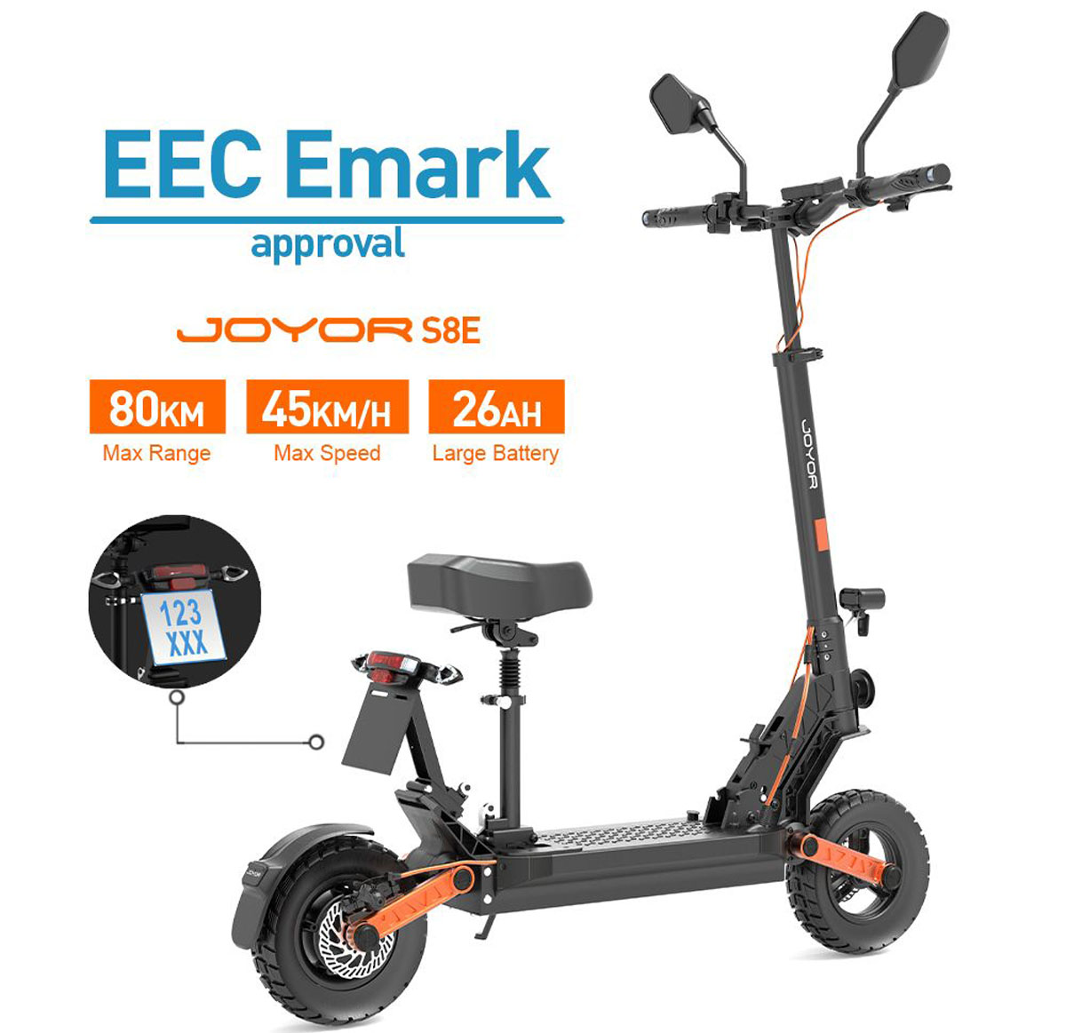 JOYOR S8E 10 tommer off road elektrisk scooter 800W motor 26Ah batteri med sæde NFC