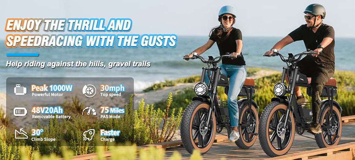 Ridstar CR20 električni bicikl, motor 1000 W, baterija 48 V, 20 Ah, debele gume 20 x 4,0 inča, maksimalna brzina 48 km/h, domet 70 km